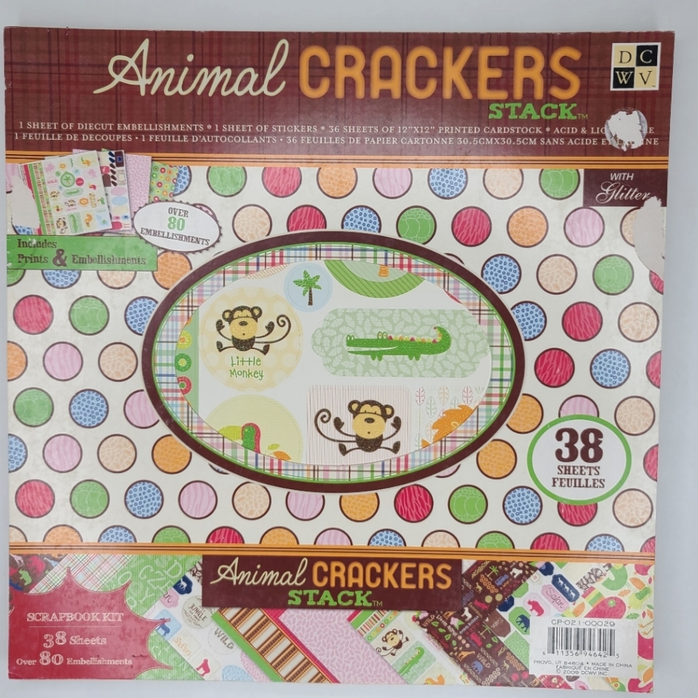 DCWV Animal Crackers Stack Scrapbook Kit 12x12 Cardstock Paper Embellishments